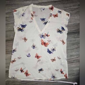 Joie Multicolor Butterfly Print 100% Silk V-Neck Blouse
